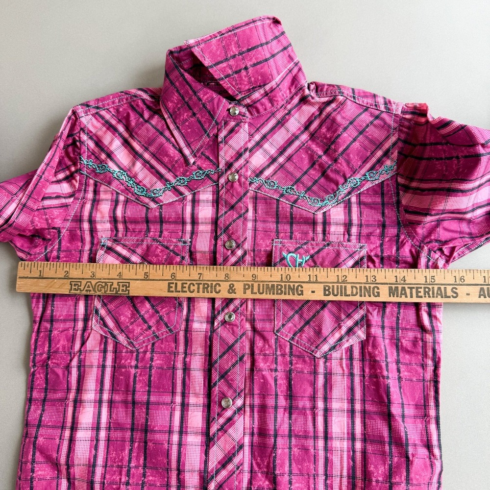Cowgirl Hardware Western Snap Shirt Pink Plaid Embroidered Girls Small Sz 6 NWOT - Picture 7 of 7